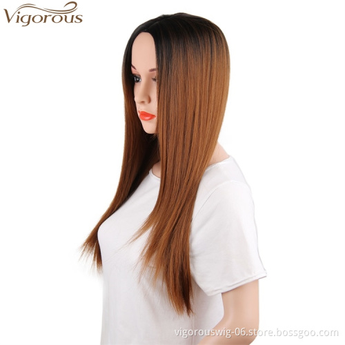Vigorous Long Smooth Silky Straight Wig Brown Mixed Brown Ombre Wig Dark Root Synthetic High Temperature Hair Wig for Women